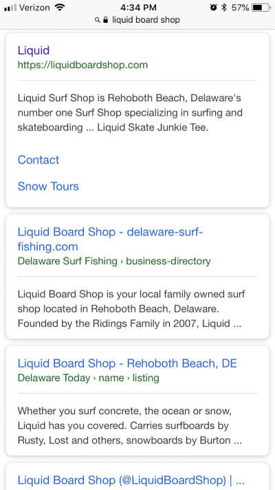  Обратитесь к первому результату поиска для Liquid Surf Shop. Обратите внимание, как это кратко написано. 