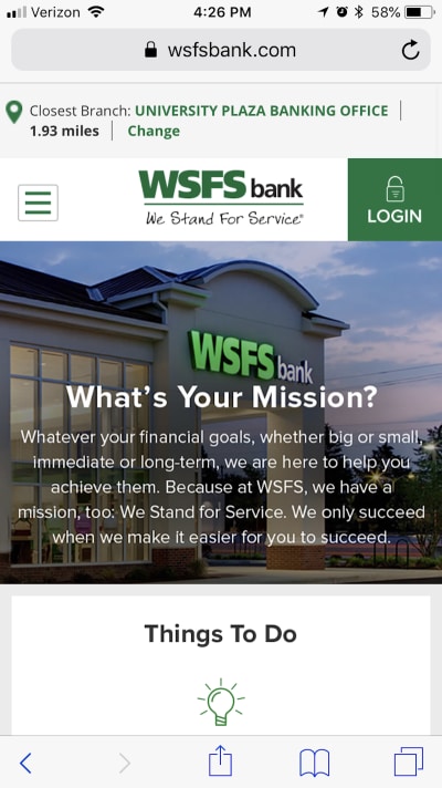  Липкий верхний бар теперь представлен мобильному пользователю на веб-сайте WSFS Bank. 