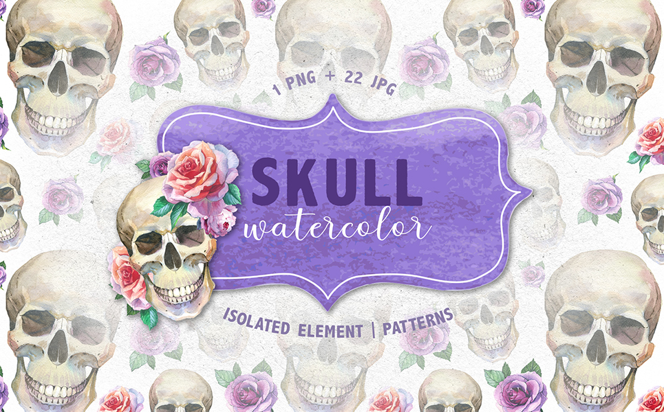 Cool Skull Print PNG Watercolor Creative Set Illustration