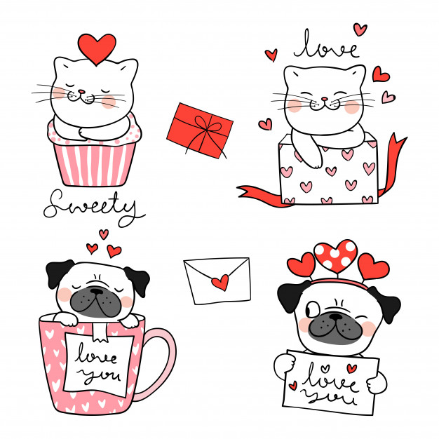 draw portrait-cute cat pug dog valentine