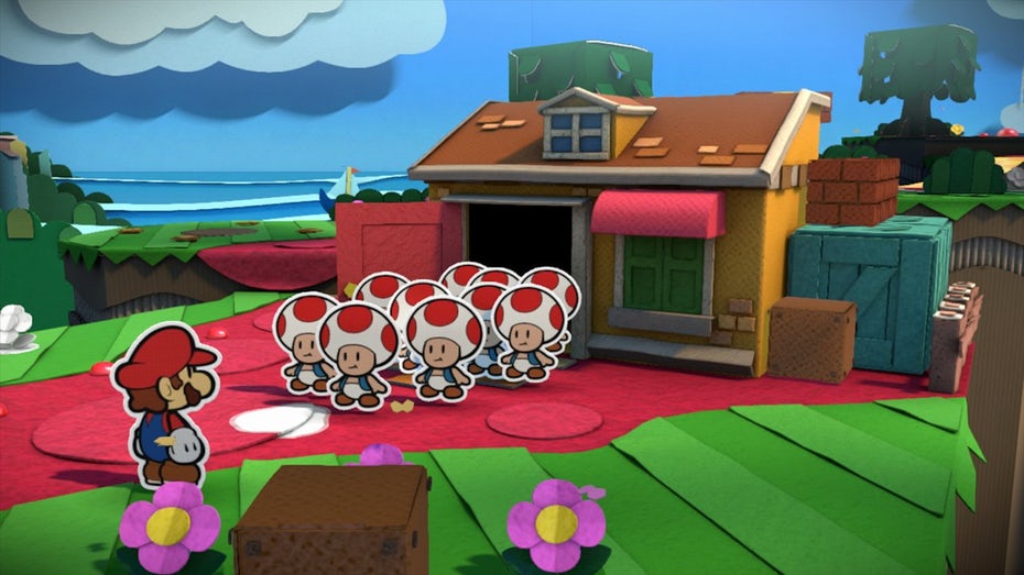  Снимок экрана из видеоигры «Paper Mario» с изображением 2D-Марио и группы жаб на трехмерном фоне "width =" 1280 "height =" 720 