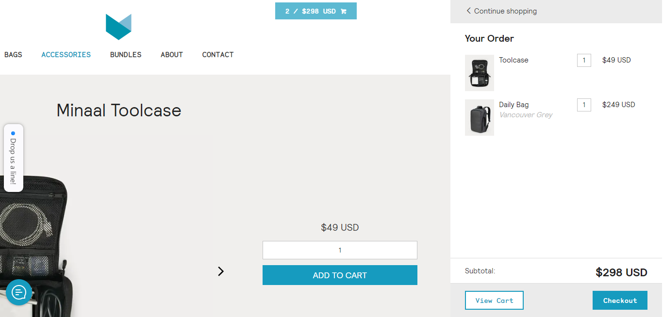  Страница продукта Minaal Toolcase с дисплеем мини-тележки, открытым в дальнем правом углу. На данный момент в ордене есть чемодан с инструментами и ежедневная сумка в сером цвете Ванкувера. 