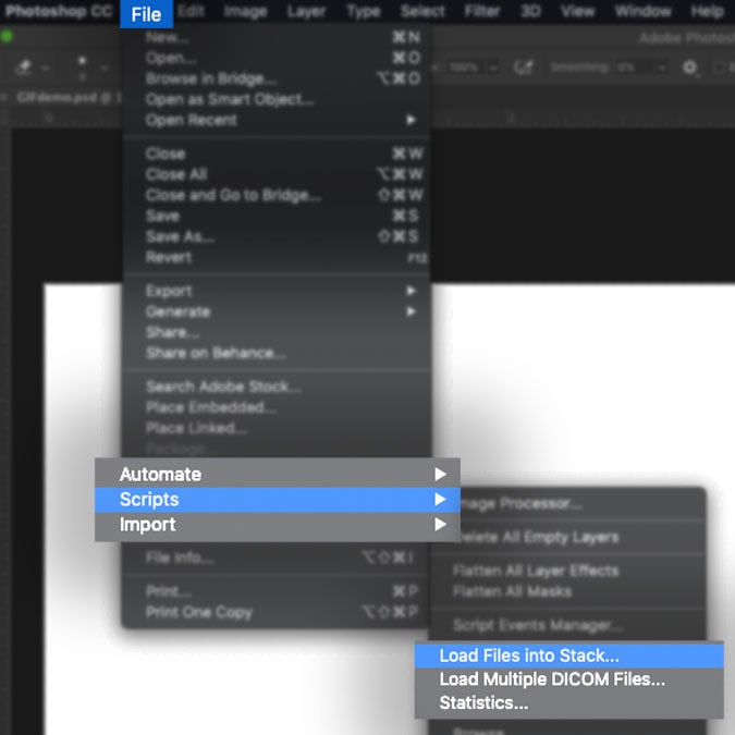  Снимок экрана интерфейса Photoshop, показывающий, как импортировать несколько файлов для создания GIF-файла 