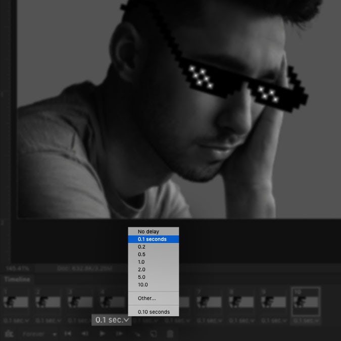  Снимок экрана интерфейса Photoshop с выделением настройки задержки на временной шкале "width =" 675 "height =" 675 