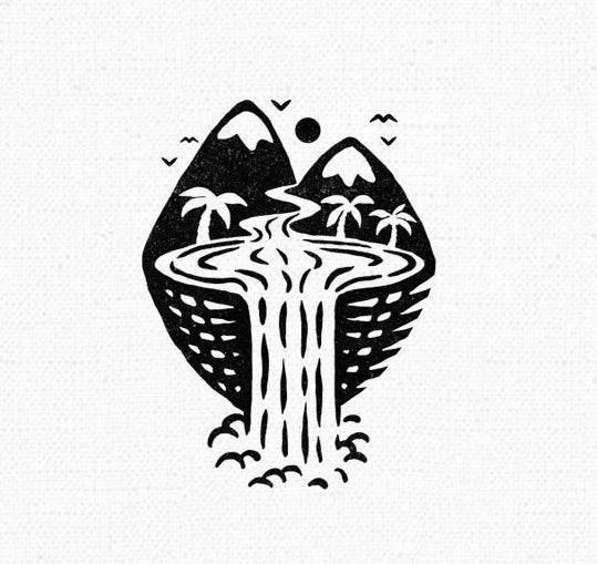  туристический логотип, состоящий из тропического острова с водопадом "width =" 539 "height =" 509 
