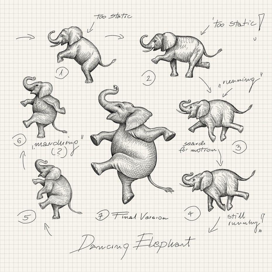  процесс создания эскиза логотипа танцующего слона "width =" 1772 "height =" 1772 
