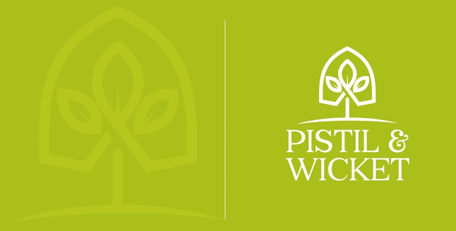  геометрический логотип растения, растущего в небольшой теплице, с текстом «Pistil & Wicket» "width =" 1870 "height =" 947 