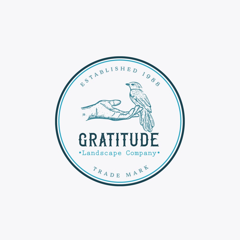  круглый синий логотип вытянутой руки человека с птицей с текстом «Gratitude Landscape Company» "width =" 2000 "height =" 2000 
