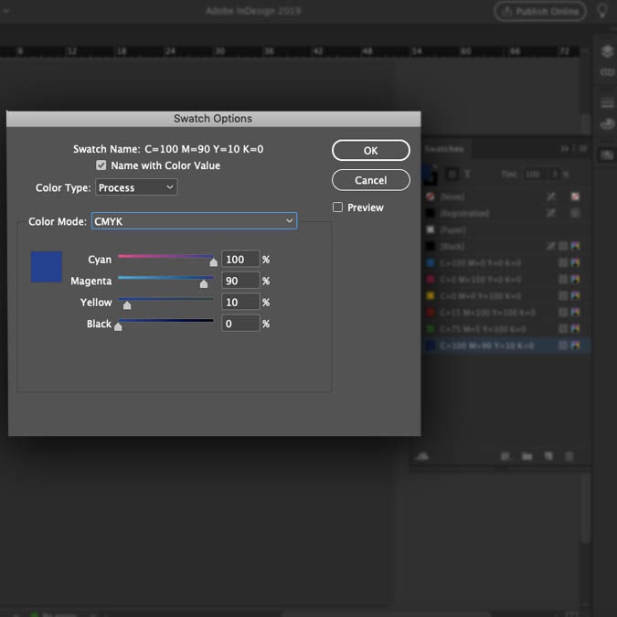  Снимок экрана, показывающий, как изменить цветовой режим отдельных образцов в InDesign 