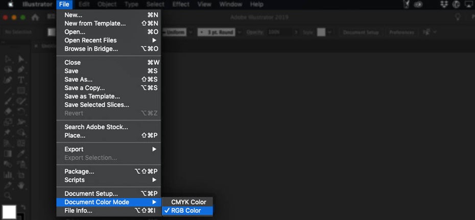  Снимок экрана, показывающий, как проверить цветовой режим в Illustrator "width =" 1080 "height =" 500 