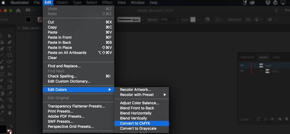  Снимок экрана, показывающий, как преобразовать цветовой режим документа Illustrator "width =" 1080 "height =" 500 