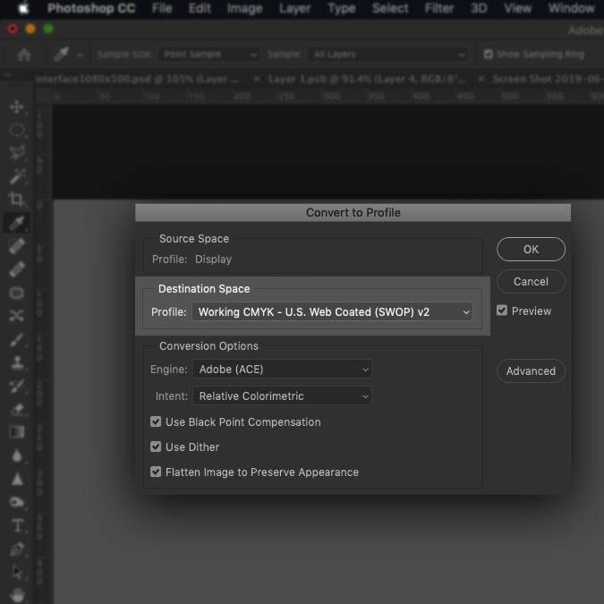  Снимок экрана, показывающий второй шаг при преобразовании цветового режима документа Photoshop 