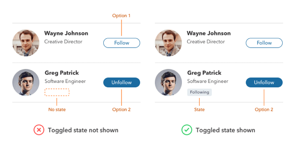  single-toggle-2 "width =" 600 "height =" 300 "/> </p>
<p> Чтобы устранить путаницу, отделите состояние от второго параметра, отобразив переключенное состояние в текстовом значке рядом с данными профиля. Пользователи заметят значок «подписки» и узнают, за кем они следуют. Следующая кнопка переключается на «отписаться» при нажатии, поэтому пользователи видят невыбранную опцию. </p>
<p> Кнопки переключения являются полезными элементами управления, если вы правильно их разработали. Одна кнопка переключения представляет больше проблем, чем несколько кнопок переключения. Если вы убедитесь, что он соответствует этим трем требованиям, у вас не возникнет проблем с их преодолением. </p>
<ol>
<li> Изменение состояний </li>
<li> Показать текущее состояние </li>
<li> Выявить невыбранные параметры </li>
</ol></div>
</pre>

<span class=