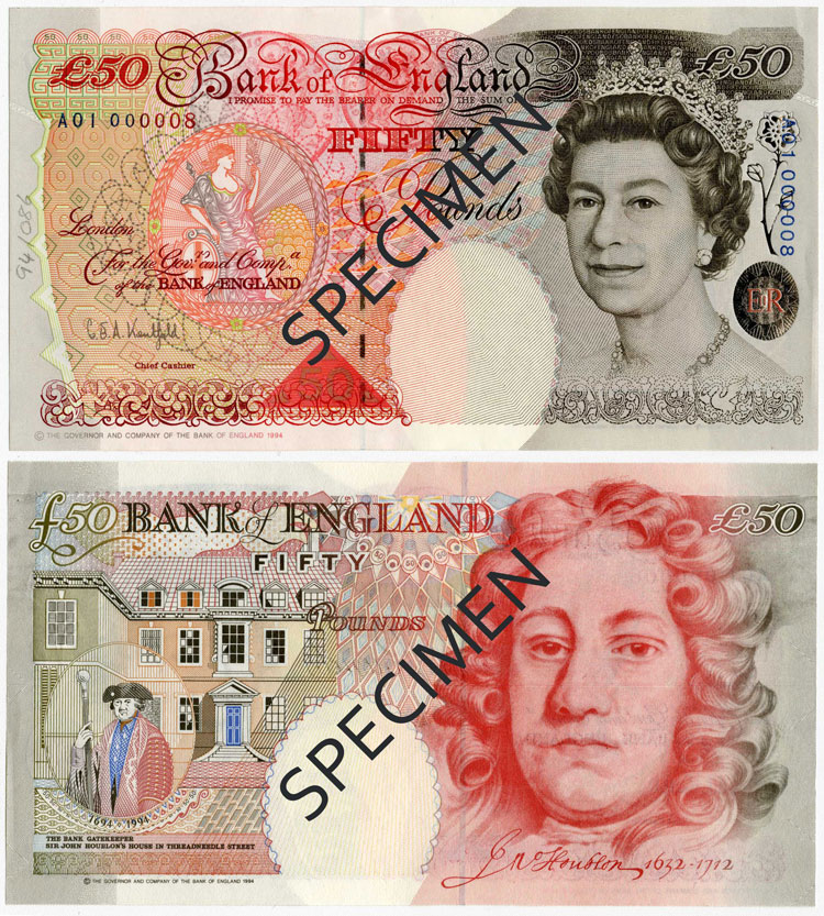  1994-нота "width =" 750 "высота =" 833 "/> 
 
<figcaption> Серия E £ 50, любезно предоставленная Банком Англии </figcaption></figure>
<p>« Серия E банкноты, в которых фигурировал сэр Джон Хоублон за 50 фунтов стерлингов, опирались на более исследовательский подход к дизайну, чем в ранних сериях. </p>
<p> Банк провел исследование того, как общественность обрабатывает банкноты; цвет был выявлен как основной показатель деноминации, и поэтому было принято решение максимизировать разницу в цвете между разными конфессиями. </p>
<p> Дизайнер, Роджер Сингтон, использовал красновато-коричневые оттенки более ранних заметок серии D — с портретами Рена — когда публика стала ассоциировать 50 фунтов с этим цветом. </p>
<p> Однако, красные тона были усилены, чтобы создать большую дифференциацию и тем самым уменьшить любую возможную путаницу между этим наименованием и другими в ряду. Красный цвет теперь неразрывно связан с купюрой в 50 фунтов стерлингов. </p>
<p> В 1994 году исполнилось 300 лет Банку Англии. Хоублон был первым управляющим банка, и Эдди Джордж, который был управляющим банком в 1994 году, решил, что будет уместно отметить это событие на новой ноте ». </p>
<hr/>
<h2> 2011 г. примечание </h2>
<figure id=