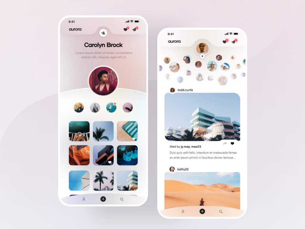 Photo Social Network — Profile and Home screens