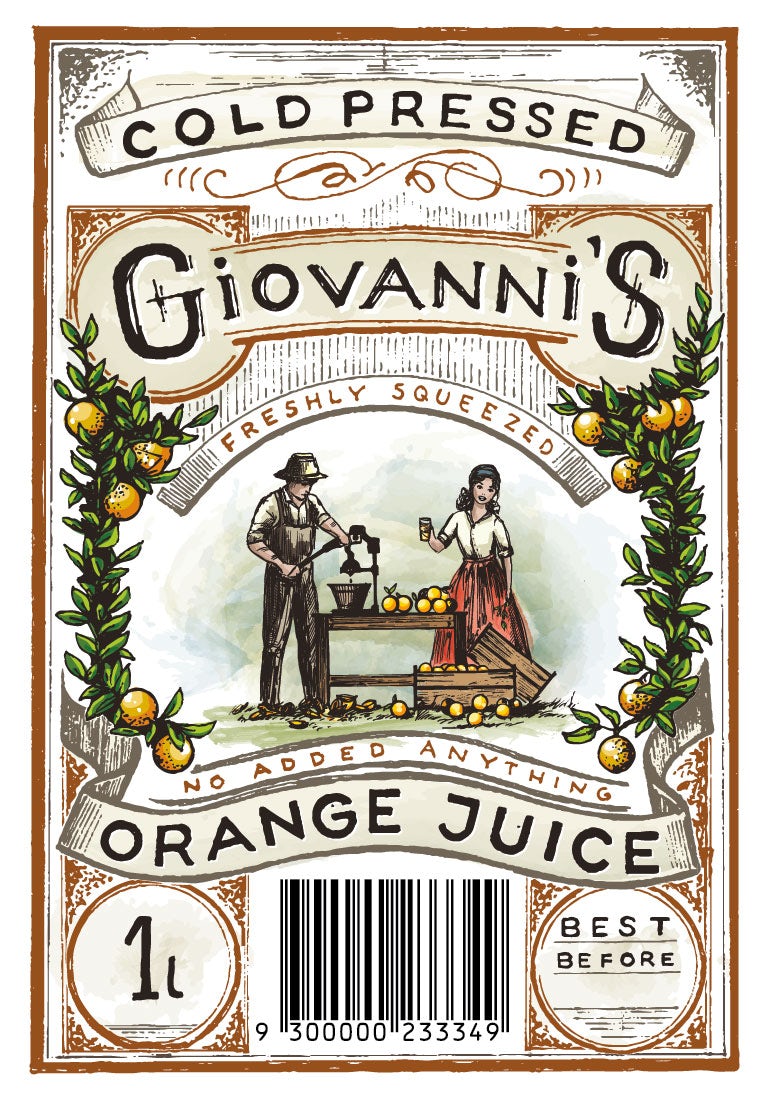  Дизайн этикетки холодного прессования апельсинового сока Джованни "width =" 768 "height =" 1098 
