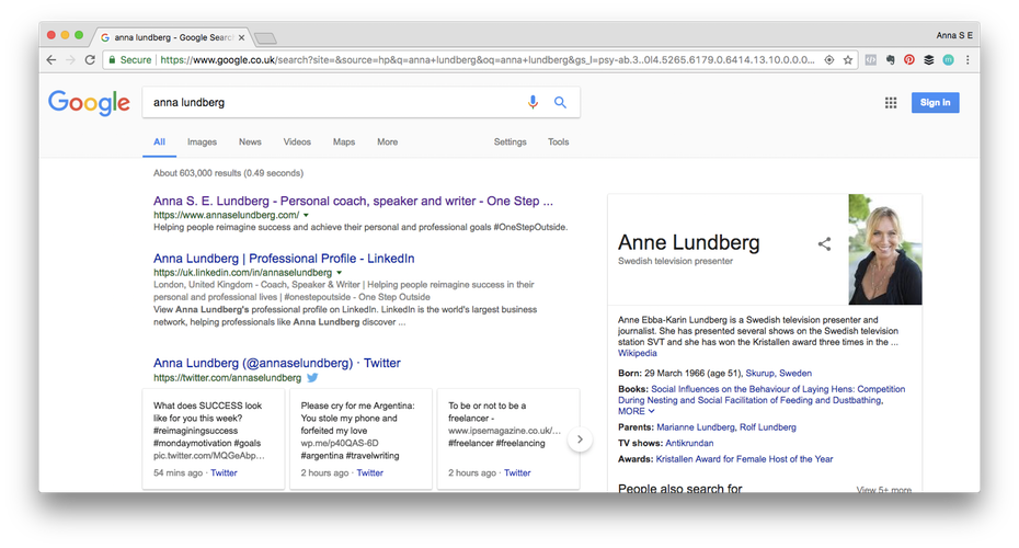  Пример личного бренда: поиск в Google по запросу anna lundberg "width =" 1472 "height =" 792 "/> 
 
<figcaption> Когда я впервые начал управлять своим личным брендом — как я увольнялся с работы в 2013 году и обдумывая дальнейшие шаги — поиск в моем имени привел бы к 15-летней жертве автокатастрофы вместе с профессором шведского университета. Как вы видите, у меня все еще есть телеведущий, с которым можно поспорить! Via Anna Lundberg. </figcaption></figure>
</p>
<h3> Какую историю вы рассказываете в социальных сетях? </h3>
<p> Теперь давайте рассмотрим ваши профили в социальных сетях и посмотрим, какую историю вы там рассказываете. </p>
<p> Facebook часто является крупнейшим виновником. Ваш профиль может быть полон недовольства по поводу несправедливости по отношению к вашей местной команде или пьяных фотографий с парнями в спорт-баре. Может быть, вы жалуетесь на то, что каждый понедельник утром приходите на работу с огромным похмельем, или вы публикуете много видео с кошками. А как насчет тех кокетливых групповых селфи, когда ты с девушками? Настало время рассмотреть образ, который может сформироваться в умах потенциальных клиентов и работодателей, когда они увидят эти фотографии и обновления. </p>
<p> Рассмотрите возможность создания отдельной страницы для своего делового человека и ограничьте свой существующий профиль Facebook строгими настройками конфиденциальности. Таким образом, только ваши самые близкие друзья и семья увидят ваши селфи и напыщенность. (Или, что еще лучше, держите их при себе!) </p>
<p> Другим крупным является LinkedIn. Ваш профиль актуален? Что говорится в рекомендациях и в каких-либо обновлениях? Какой контент вы любите и комментируете? Устаревший и неактивный — или супер негативный — профиль не производит большого впечатления. </p>
<p> Что бы о вас подумал будущий работодатель, основываясь на том, что они нашли в Интернете? Повторите эту оценку для всех ваших профилей в социальных сетях и запишите все изменения, которые вы хотели бы внести. Подробнее о брендинге в социальных сетях читайте здесь. </p>
<h3> И IRL? </h3>
<p> Когда дело доходит до вашего присутствия в автономном режиме, немного сложнее оценить, какую историю вы рассказываете. </p>
<p> Как сотрудник, вы можете ссылаться на свою ежегодную оценку и 360 отзывов, которые вы получаете от своего начальника и своих коллег. В противном случае вы можете попытаться спросить людей, как бы они описали вас, если бы они рекомендовали вас кому-то — посмотрите, упоминают ли они ключевые моменты, которые вы хотите подтолкнуть. </p>
<p> Также полезно честно взглянуть на свою внешность. Подходит ли ваша одежда и аксессуары (включая татуировки или пирсинг) для вашей рабочей среды? Вы можете не думать, что внешность имеет значение, но люди по-прежнему быстро судят о вас в первые минуты встречи с вами. Что вы хотите, чтобы их вынос? </p>
<h2> 4. Поделитесь своей историей с миром <br /> — </h2>
<p> Теперь, когда вы знаете, как вы смотрите на мир сегодня, вы можете начать воплощать в жизнь свою новую историю. </p>
<figure data-id=