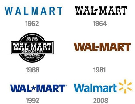  Эволюция логотипа Walmart "width =" 437 "height =" 336 "/> 
 
<figcaption> Эволюция логотипа Walmart через Walmart </figcaption></figure>
<p> Рассмотрим, как логотип Walmart осветлился с течением времени. Это стало более доступным и свежим. И в дополнение к логотипу, магазин также обновил свою <span style=