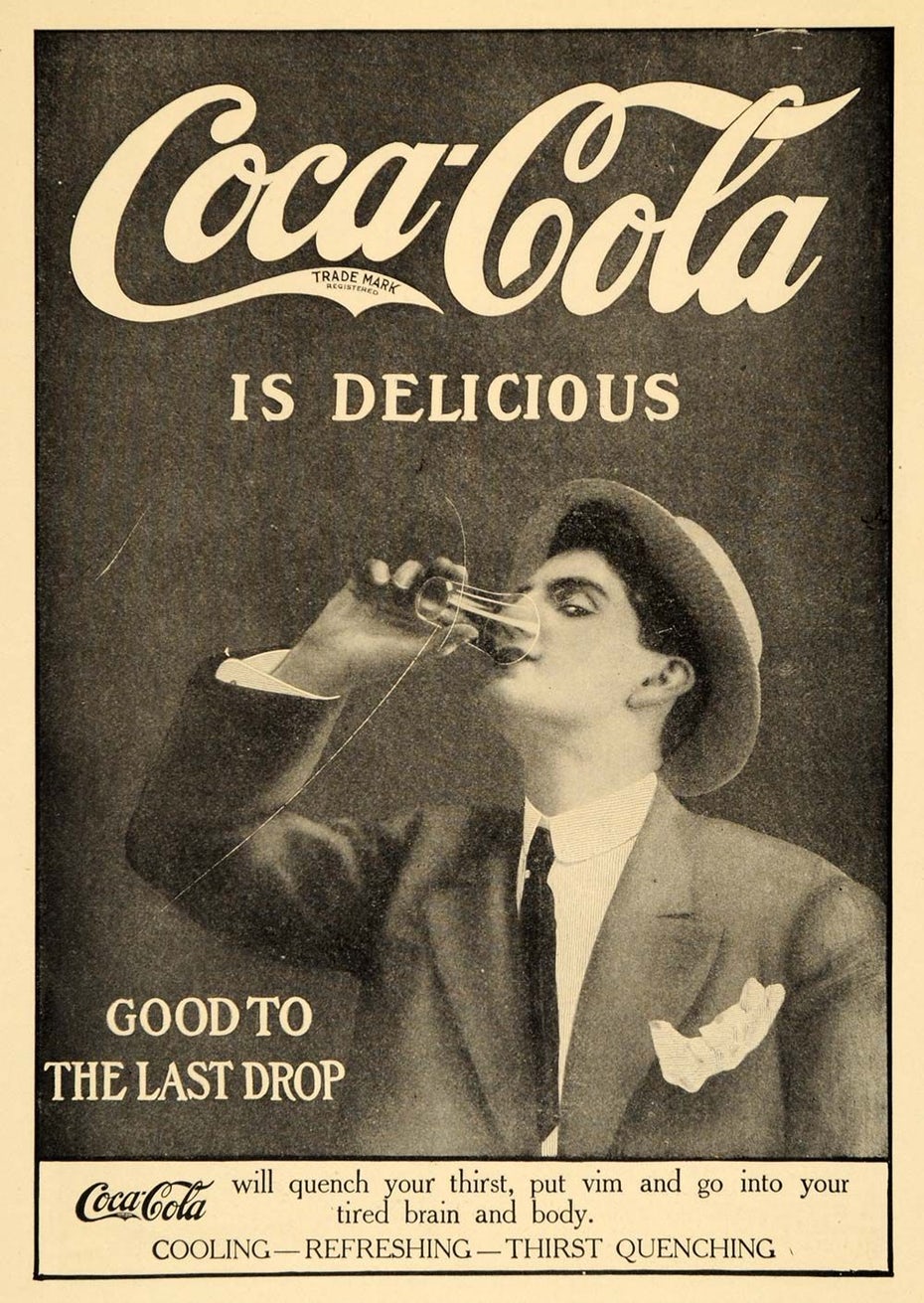  Черно-белая реклама Coca-Cola "width =" 1000 "height =" 1410 "/> 
 
<figcaption> Реклама Coca-Cola 1920-х годов. Via Coca-Cola </figcaption></figure>
<p> <span style=