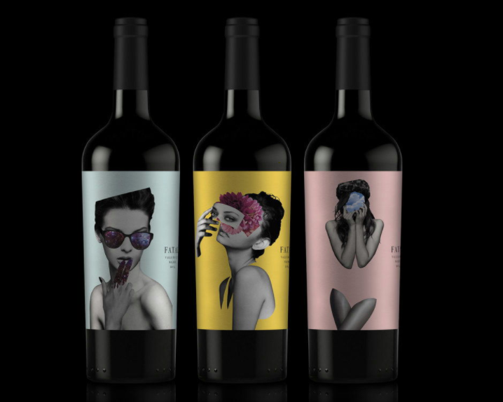  три бутылки вина, каждая с разным дизайном коллажей женщины 