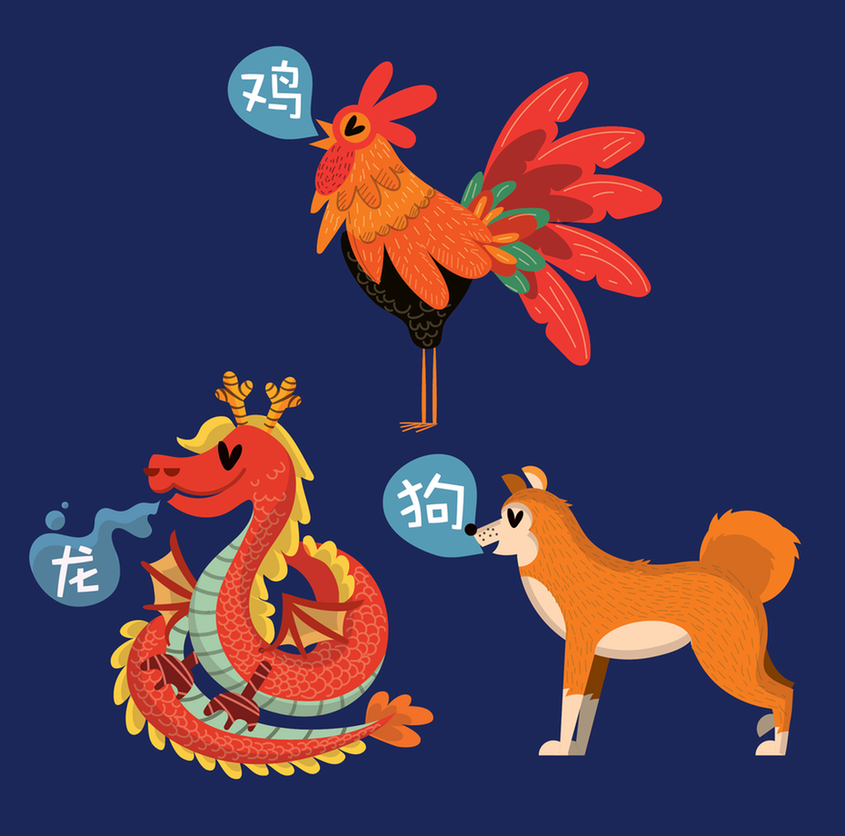  Иллюстрации собаки, петуха и дракона "width =" 1922 "height =" 1902 