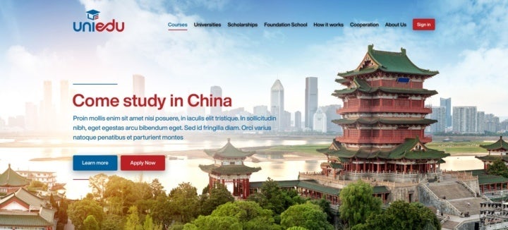  целевая страница с тяжелыми фотографиями, на которой изображены студенты, китайские здания и университеты "width =" 720 "height =" 326 