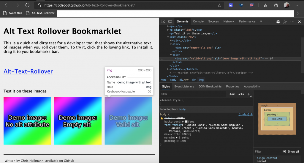 HTML-оверлей в Devtools, показывающий информацию о специальных возможностях, включая альтернативный текст "width =" 100% "/> </p>
<p> Я немного поигрался с этой идеей и создал букмарклет, чтобы легко проверить, какие изображения имеют альтернативный текст и что это такое. Я разместил его на GitHub, и вы можете протестировать и добавить букмарклет Alt Text Rollover в свой браузер. </p>
<p> Вы можете увидеть это в действии на этом скринкасте. </p>
<p> <iframe width=
