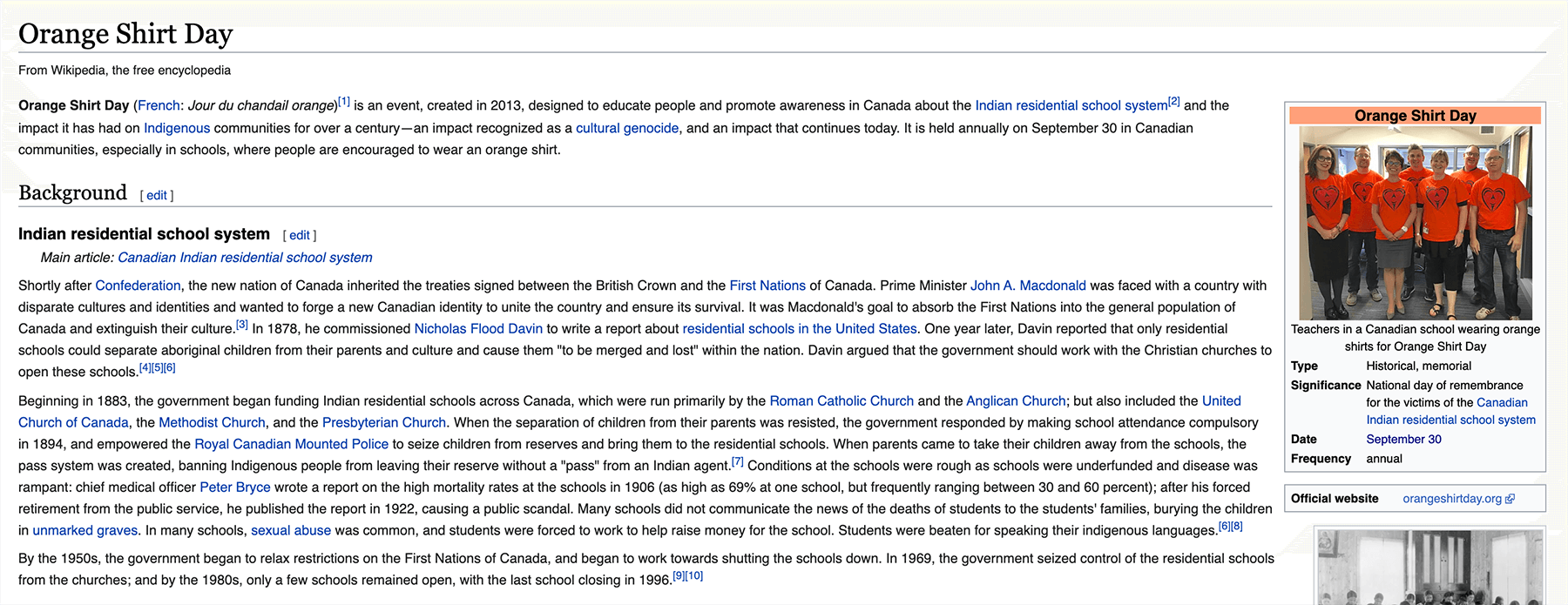  Скриншот статьи в Википедии о Дне оранжевой рубашки, канадском мероприятии, направленном на повышение осведомленности об индийской системе школ-интернатов. Текст очень широкий, так как он был снят на большом экране. "Style =" width: 100%; max-width: 900px; margin: 64px auto "class =" PostImage__Image-xip32o-2 eyiMVf "/> </span> </div>
<p class=