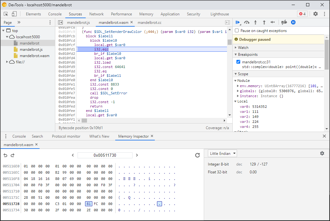  Панель инспектора памяти в DevTools, показывающая шестнадцатеричное и ASCII представление памяти 