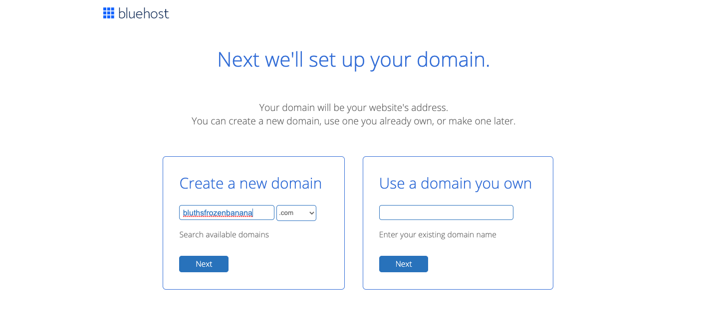  Скриншот страницы регистрации домена bluehost "width =" 1425 "height =" 647 "/> 
 
<figcaption> Выберите уникальный адрес домена для своего веб-сайта. Изображение через Bluehost </figcaption></figure>
<p> В в большинстве случаев вам придется заплатить за свой домен и хостинг. Например, Bluehost предлагает регистрацию домена по цене 12,99 долларов США и взимает 7,99 долларов США в месяц в течение первого года (оплата ежегодно, а не ежемесячно). После того, как вы нажмете <em> Начать работу </em> на главной странице Bluehost, введите адрес выбранного домена, и, если он доступен, вы можете купить его на странице оформления заказа. </p>
<p> После того, как вы приобрели план, вам будет предложено создать пароль и войти в свою учетную запись. Bluehost предлагает провести вас через создание вашего сайта WordPress, но мы рекомендуем пропустить эти шаги, так как полученные шаблоны будут стоить дополнительно. <br /> <a name=