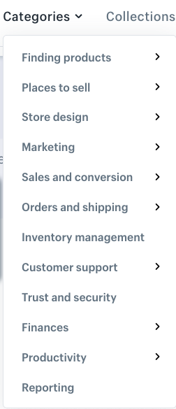  Снимок экрана с категориями магазина приложений Shopify 