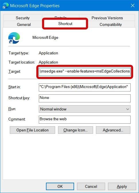  Свойства Microsoft Edge в Windows 10 
