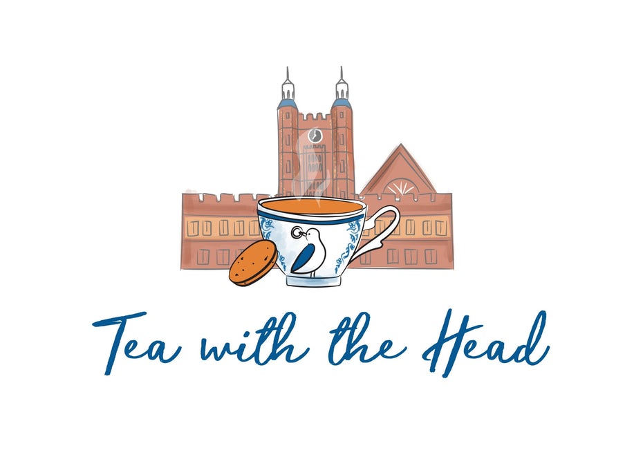  иллюстрированный логотип с изображением чашки чая с птицей перед школой 