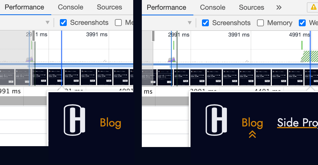  Снимок экрана навигации до и после загрузки значка. "Loading =" lazy "/> 
 
<figcaption> Регулирование сети в Chrome DevTools для имитации медленного соединения 3G позволяет на вкладке производительности фиксировать задержку между отображением HTML и отображение фонового изображения CSS.<br />
  </figcaption></figure>
<h2 id=