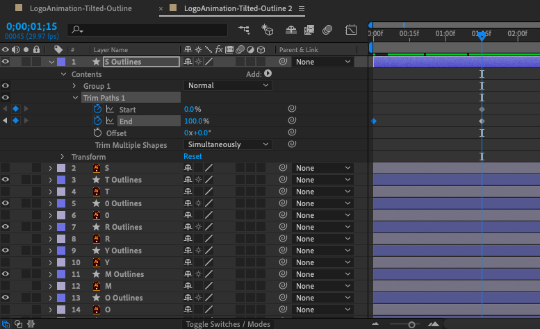  Снимок экрана панели временной шкалы Adobe After Effects "width =" 777 "height =" 474 "/> 
 
<figcaption> Слои фигур содержат кнопку Добавить (справа от свойства Contents), что позволяет добавить всевозможные анимируемые свойства, такие как Trim Paths </figcaption></figure>
<p> Для моего логотипа я использовал довольно распространенную и полезную анимацию, используя свойство Trim Paths. Для этого я добавил Trim Paths с помощью <strong> Добавьте кнопку </strong> в слои формы для каждой буквы, установите для ключевого кадра атрибута End значение 0% в начале шкалы времени и 100% примерно через 1 секунду. Как видите, при этом контур букв выглядит нарисованным невидимой рукой в ​​реальном времени. </p>
<figure data-id=