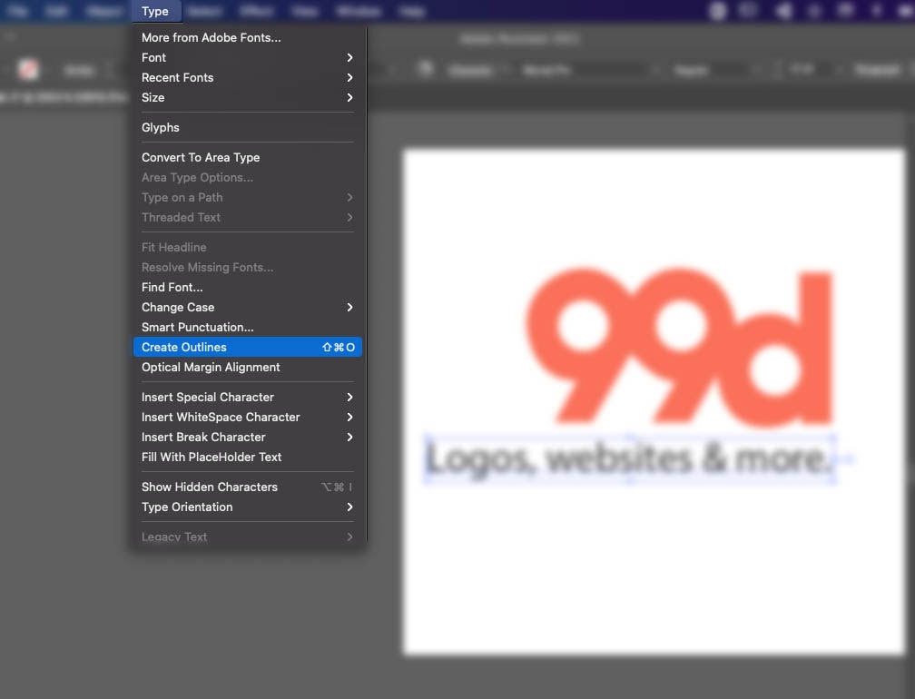  Снимок экрана интерфейса Adobe Illustrator, показывающий, как выделить текст "width =" 1008 "height =" 770 