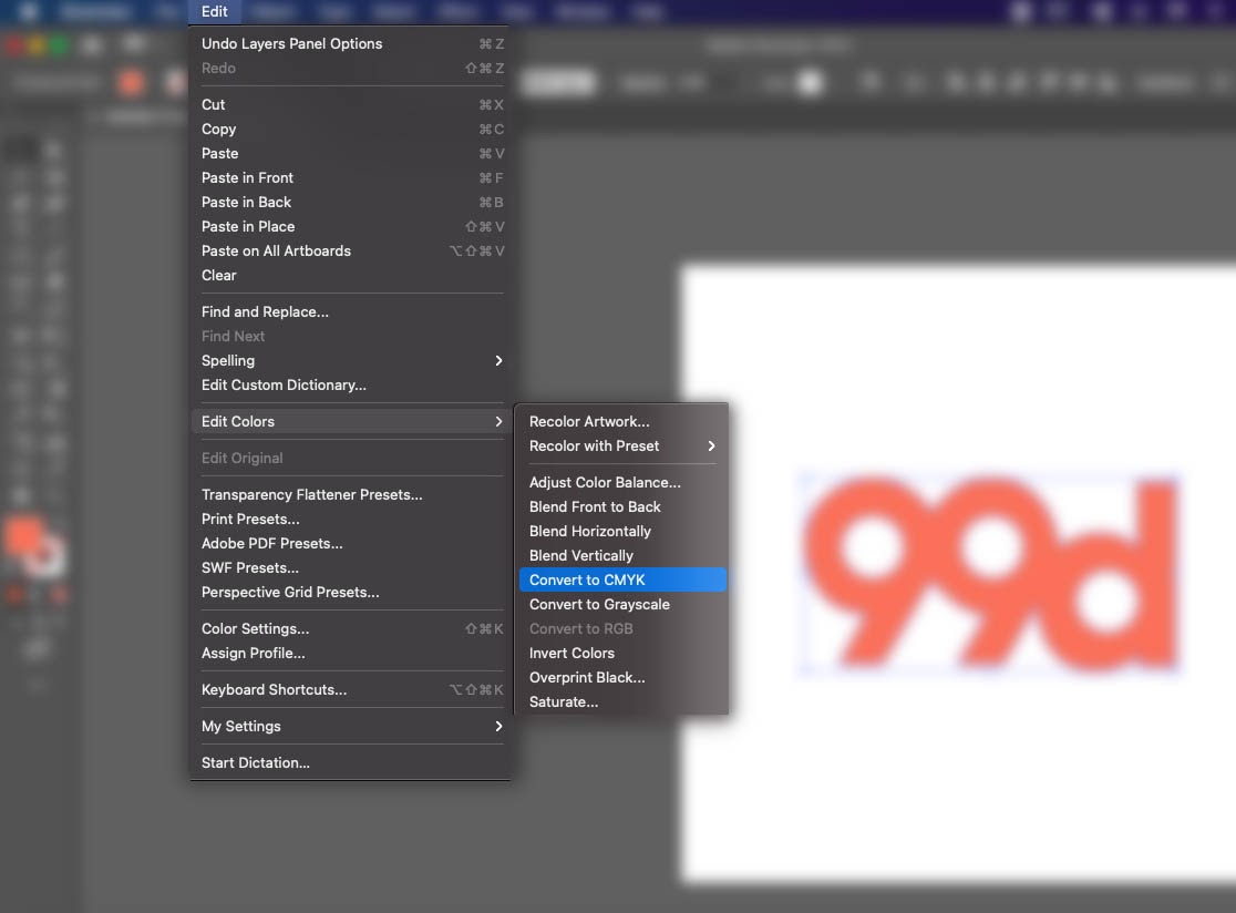 Снимок экрана интерфейса Adobe Illustrator, показывающий, как преобразовать цветовой режим "width =" 1116 "height =" 824 