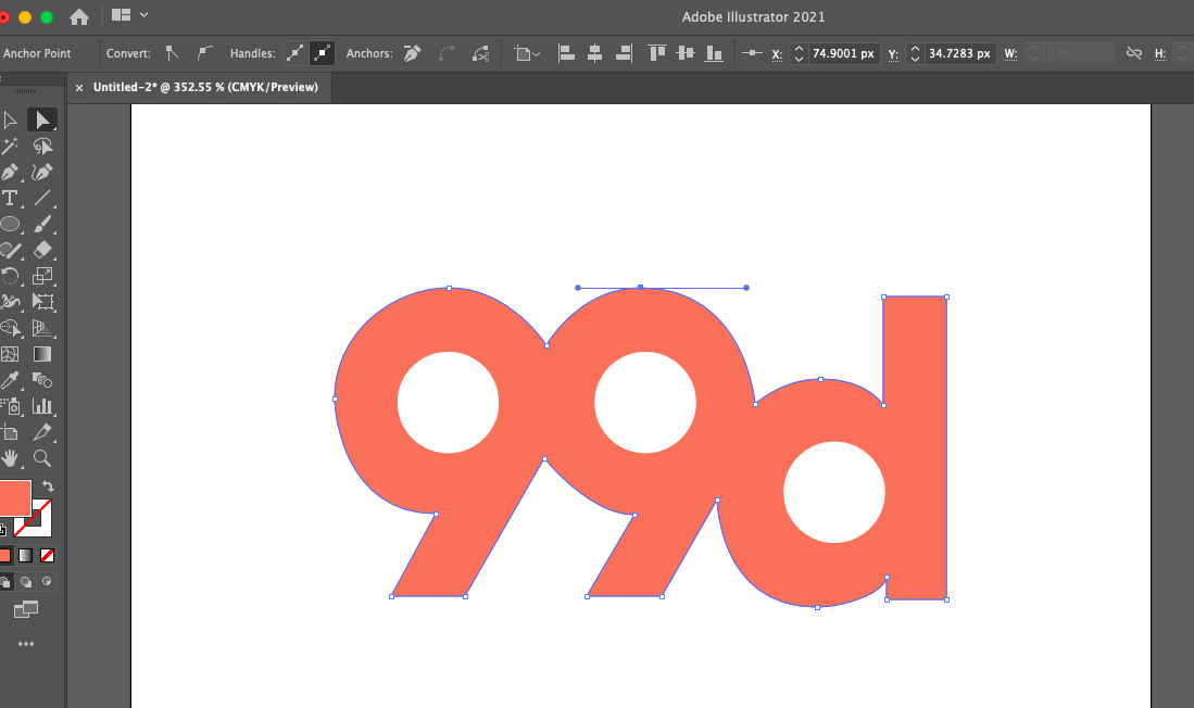  Скриншот интерфейса Adobe Illustrator, на котором показаны ручки Безье "width =" 1099 "height =" 652 