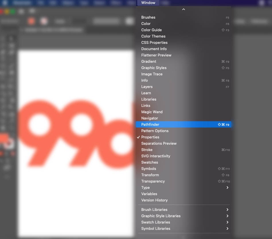  Снимок экрана интерфейса Adobe Illustrator, показывающий, как вызвать окно Pathfinder "width =" 949 "height =" 834 