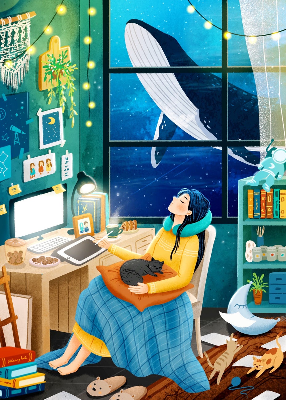  Иллюстрация женщины, сидящей за столом и рисующей на планшете в окружении предметов, кошек и кита через окно "width =" 1832 "height =" 2560 "/> 
 
<figcaption> Дизайн открытки Фитриандхита </figcaption></figure>
<blockquote class=