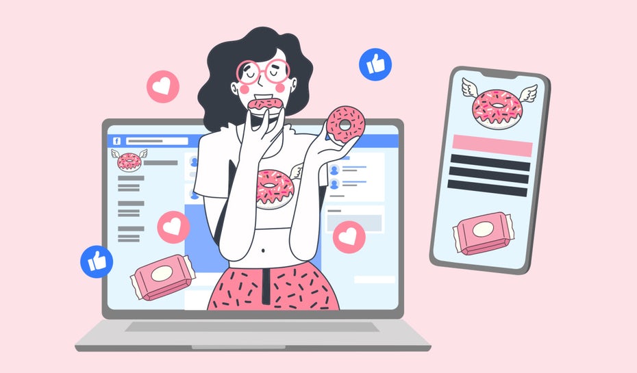  женщина у экрана ноутбука ест пончики на фоне социальных сетей и другие закуски, плавающие вокруг "width =" 1280 "height =" 750 