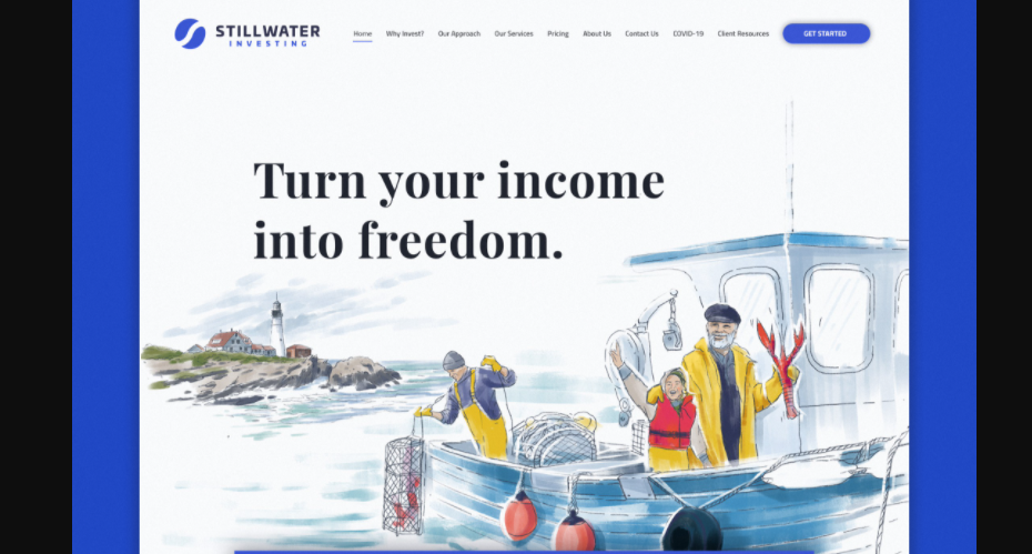  Дизайн веб-сайта в стиле иллюстрации, изображающий мальчика и мужчину в лодке для омаров, в то время как другой мужчина поднимает ловушку для омаров "width =" 930 "height =" 499 
