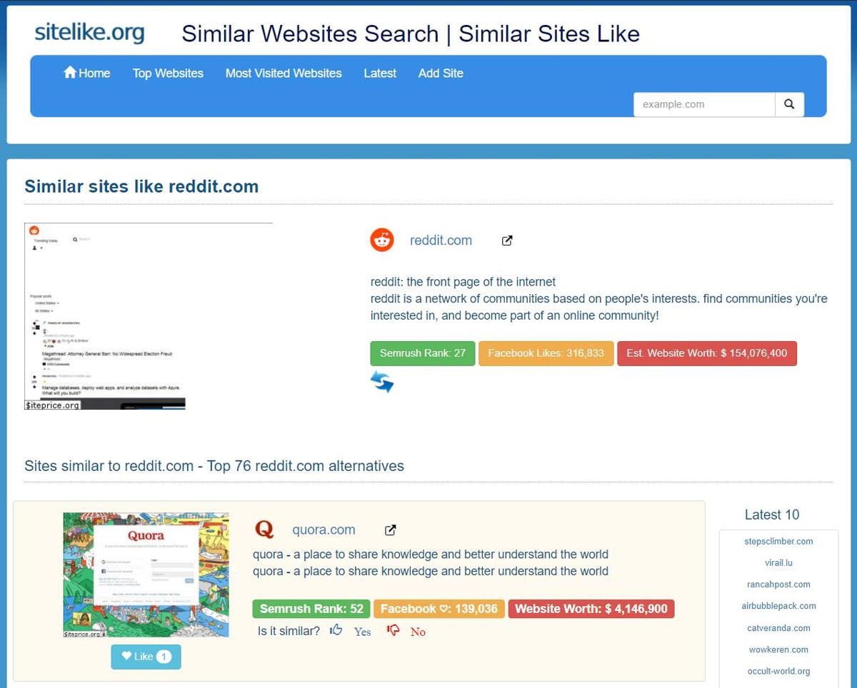 sitelike.org помогает найти альтернативные или похожие сайты