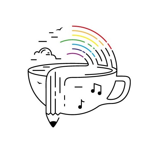  линейная иллюстрация чашки кофе, радуги, нот и карандаша "width =" 510 "height =" 510 