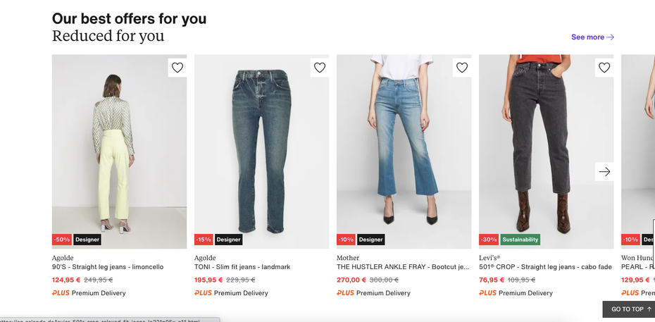  Персональное предложение Zalando "width =" 1399 "height =" 688 "/> 
 
<figcaption> Zalando предлагает мне скидки на товары, которые я искал. Via Zalando </figcaption></figure>
<p> выше приведен пример транснациональной компании электронной коммерции Zalando, предлагающей мне довольно удачный выбор. Я смотрел на джинсы, я даже купил и вернул некоторые, добавил некоторые в свой список желаний, в основном я тратил много время на джинсах на их веб-сайте. Очень полезно, что они показывают мне несколько джинсов со скидкой, некоторые из них специально из моего списка желаний. </p>
<p> Интересно, что товар, который я искал, продается со скидкой? Да, конечно. Эта функция персонализации действительно побуждает меня к покупке. Сайт показывает мне то, что меня интересует, по более выгодной цене. Что не нравится? </p>
<h3><span id=