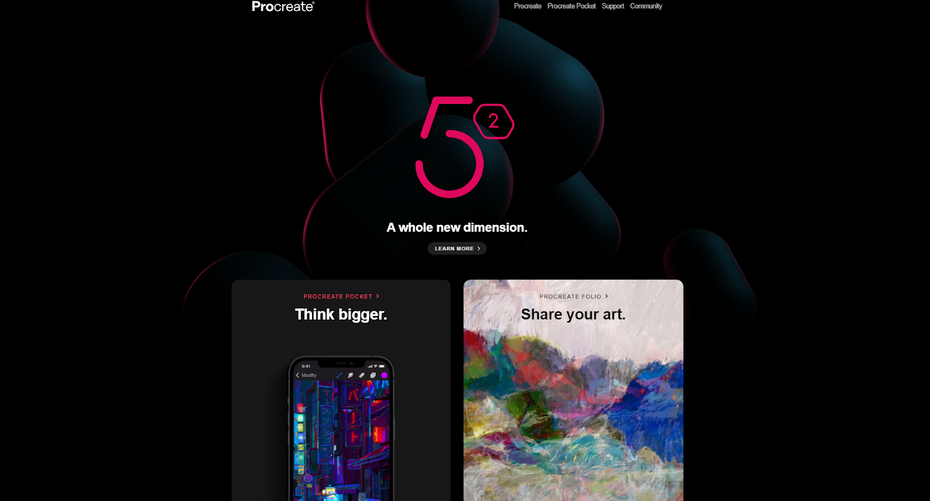  скриншот домашней страницы Procreate "width =" 1600 "height =" 862 "/> 
 
<figcaption> Via procreate.art </figcaption></figure>
<figure data-id=