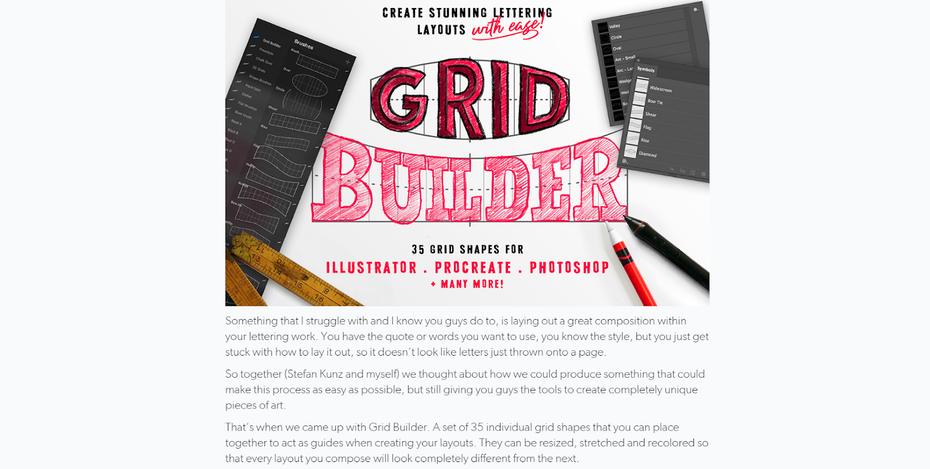  скриншот страницы Grid Builder "width =" 1600 "height =" 807 "/> 
 
<figcaption> через Grid Builder </figcaption></figure>
<p> Даже для самых опытных дизайнеров надписи могут быть непростыми Во многих дизайнах наложение текста просто не подходит — текст должен быть частью иллюстрации, и для этого вам нужно проиллюстрировать его вручную. </p>
<p> И, конечно же, он должен иметь согласованную форму. И кернинг должен работать. И линии должны быть ровными и прямыми … и когда они не обязательно должны быть ровными и прямыми, они <em> все равно должны выглядеть намеренно </em>. </p>
<p> Откройте Grid Builder, инструмент для создания иллюстраций, который позволяет очень легко встраивать текст в ваши проекты, предоставляя вам 35 уникальных форм сетки. Теперь вы можете вписать текст в свой дизайн <em>прежде чем </em> начертите одну букву. </p>
<h4><span id=