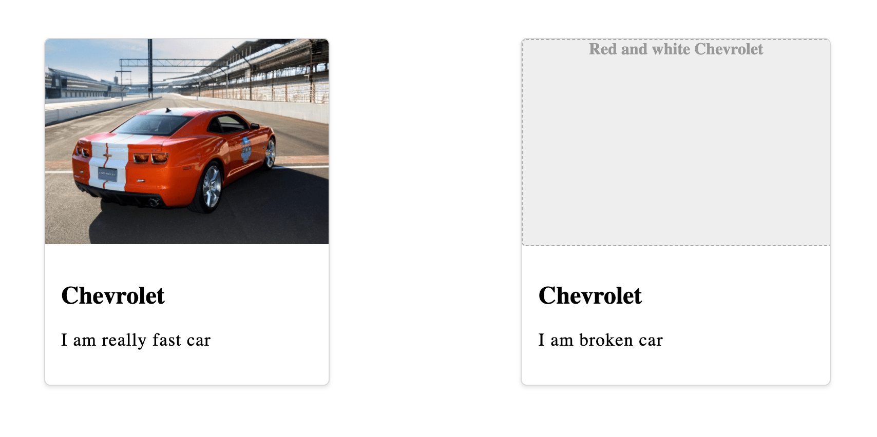  Два элемента карты, оба с большим изображением, названием и описанием. Карточка слева имеет красное изображение Chevrolet Camaro. Карточка на справа показывает замещающий текст внутри серой области-заполнителя. " class = "wp-image-352001" data-recalc-dims = "1" /> </noscript> </figure>
<p> Но в Firefox не так много. </p>
<figure class=