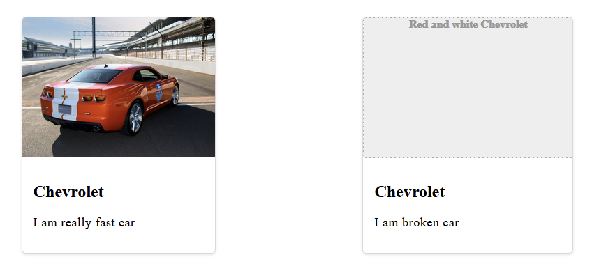  Два элемента карты, оба с большим изображением, заголовком и описанием. Карточка слева имеет красное изображение Chevrolet Camaro. Карточка справа показывает замещающий текст в центре серой области-заполнителя с надписью "Красный и белый Chevrolet" ". class = "wp-image-351995" data-recalc-dims = "1" /> </noscript> </figure>
<p> Во-первых, нам нужно использовать относительное позиционирование для элемента изображения. Мы собираемся использовать абсолютное позиционирование на одном из псевдоэлементов немного позже, поэтому это <code> относительное </code> положение гарантирует, что псевдоэлемент расположен внутри содержимого элемента изображения, а не падает полностью. вне документооборота. </p>
<pre rel=