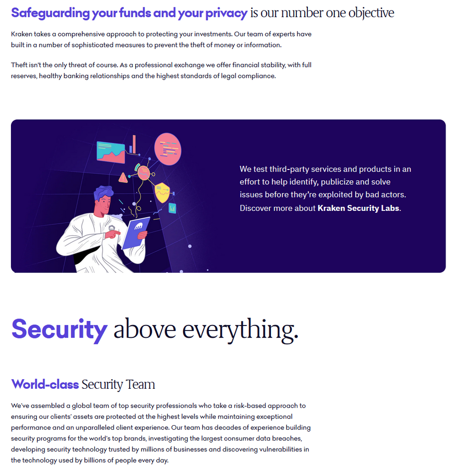  Нельзя упускать из виду конфиденциальность и безопасность. "Width =" 1019 "height =" 1038 "/> 
 
<figcaption> Наличие раздела конфиденциальности и безопасности укрепляет доверие к вашему бизнесу через Kraken. </figcaption></figure>
<p> Многие посетители обеспокоены безопасностью конфиденциальной информации. Позиция вашего предприятия в отношении конфиденциальности и безопасности может иметь для них все значение. В зависимости от страны может потребоваться юридическое соблюдение информации о пользовательских данных, например соблюдение Общих правил защиты данных Европейского Союза. Используйте раздел «Конфиденциальность и безопасность» на своем веб-сайте, чтобы продемонстрировать, а не просто рассказать, как ваш малый бизнес защищает своих клиентов, пользователей и их личную информацию. </p>
<p> Много вдохновения можно почерпнуть из сервиса обмена криптовалют Kraken. Их веб-сайт имеет красочный интерфейс и мощную информационную архитектуру, которую можно сканировать. Он также использует простой язык, что упрощает понимание. У них есть подробная страница конфиденциальности и безопасности, на которой описывается, как они защищают цифровую валюту и защищают данные пользователей. Kraken использует этот раздел как возможность привлечь внимание пользователей, продемонстрировав свою приверженность защите своих конфиденциальных данных. Kraken также предоставляет ресурсы и элементы действий, чтобы узнать больше об их методах безопасности и о том, как пользователи могут защитить свою электронную почту. Это еще один способ завоевать доверие ваших бизнес-клиентов. </p>
<h3> Разрешите пользователям просматривать ваши предложения с помощью поисковых фильтров </h3>
<figure data-id=